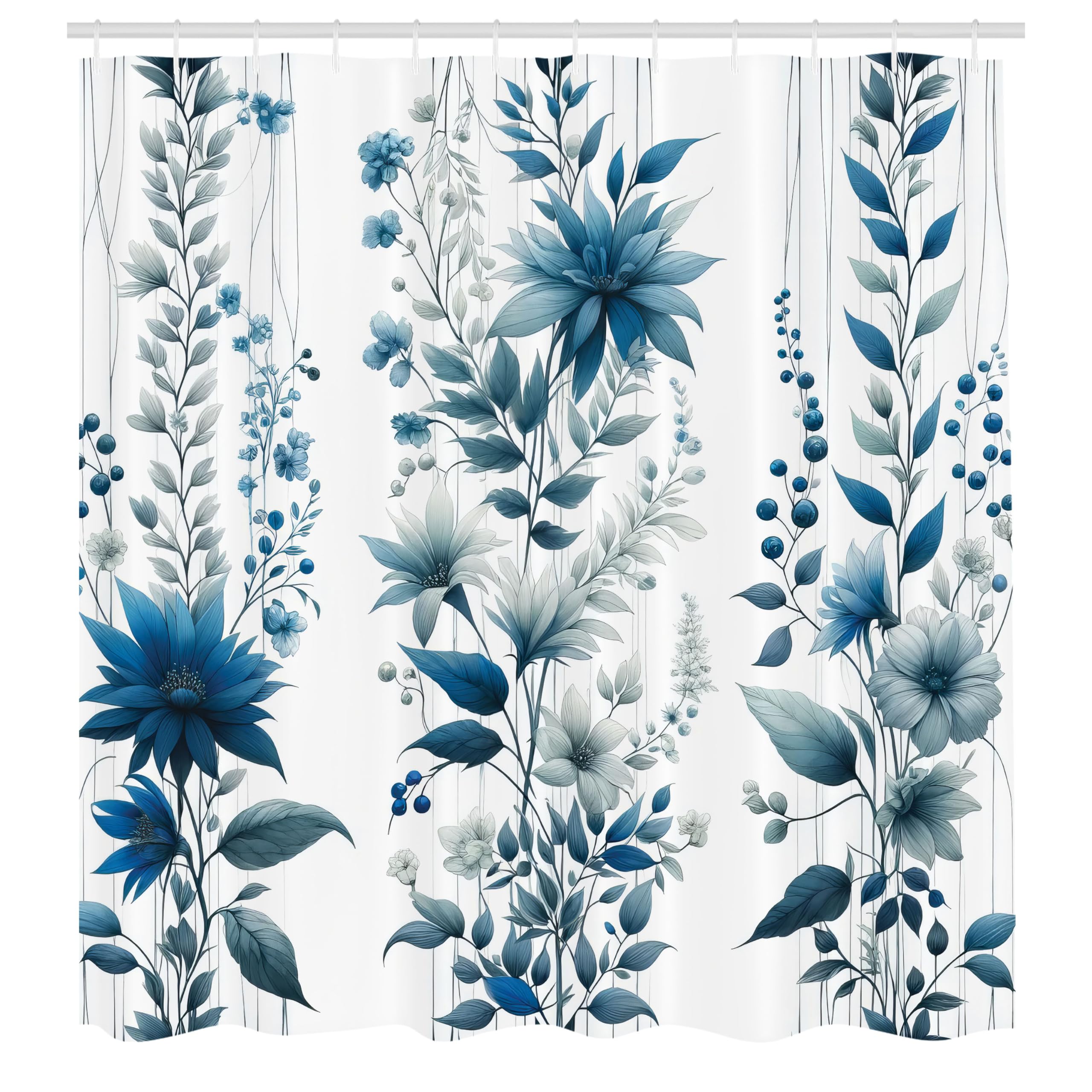 Ambesonne Blue Shower Curtain, Flowers Berry Branches And Leaves As Vertical Lines Cold Colored Garden, Cloth Fabric Bathroom De
